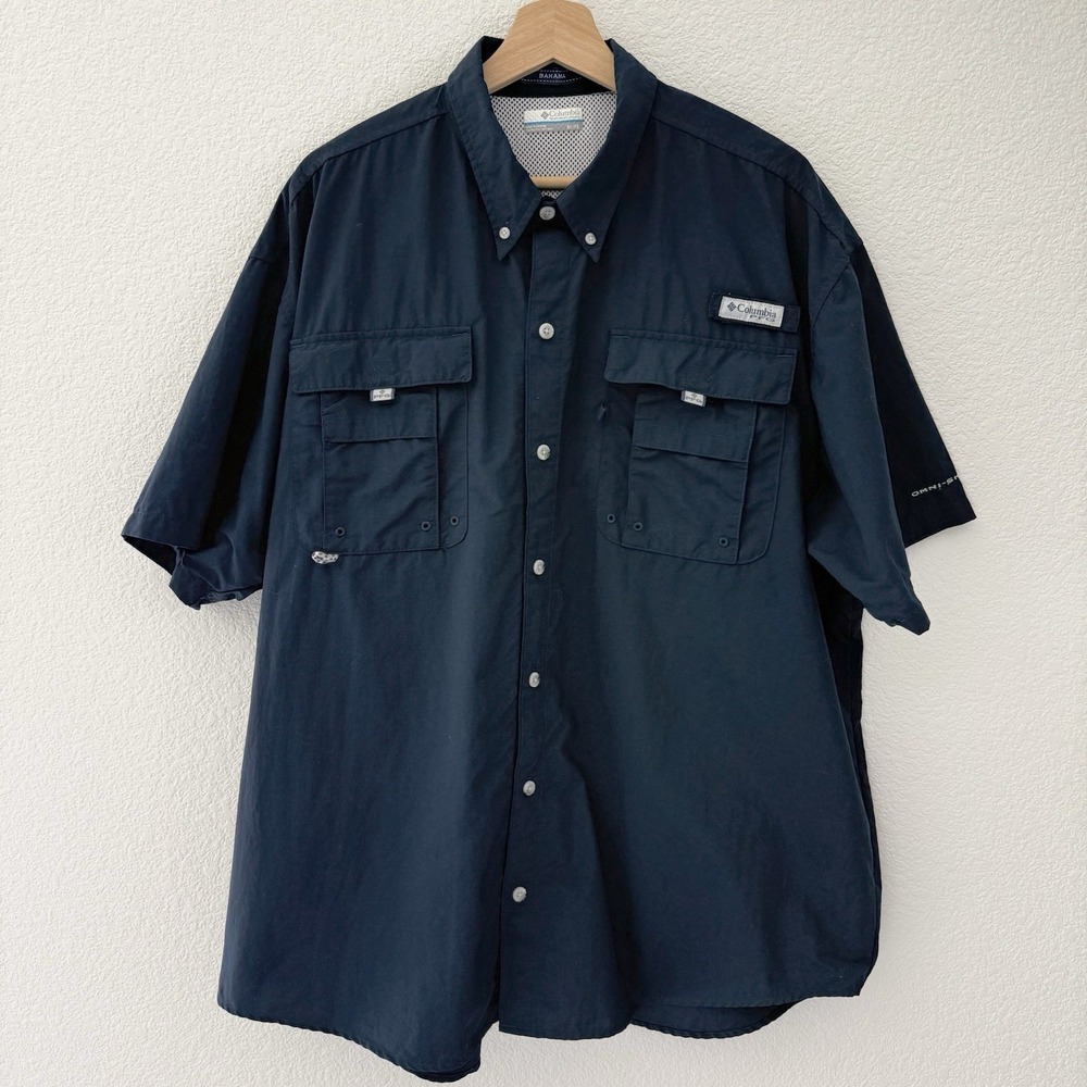 Columbia PFG Bahama Mens Vented Fishing Shirt XL Navy Blue Angler Boat Outdoor